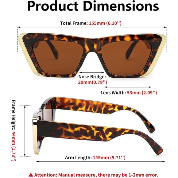 Women Brown Cat Eye Fashion Metal Square Frame Classic UV Protection Sunglasses - Picture 6 of 6